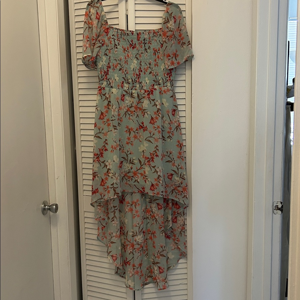 As U Wish Mint Floral Smocked Dress